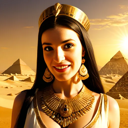 Prompt: Queen Cleopatra in ancient Egypt, sensual, tongue out, desert landscape, pyramids in the background, high detailed, oil painting, warm tones, golden sunlight, elegant and regal, flowing garments, alluring gaze, ornate jewelry, majestic, historical, desert setting, queenly beauty, professional, atmospheric lighting