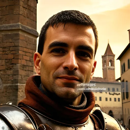 Prompt: Renaissance knight in full armour, background of 16th century Florence skyline, 16th century clothing, bustling streets, historical atmosphere, people walking, detailed architecture, highres, detailed, Renaissance, majestic architecture, warm tones, atmospheric lighting