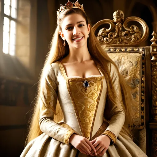Prompt: Young and beautiful French golden hair queen, long golden hair, majestic castle hall, golden crown with diamonds, medieval tapestries, regal smile, detailed facial features, oil painting, highres, medieval atmosphere, majestic, royal, detailed crown, warm lighting, rich color tones