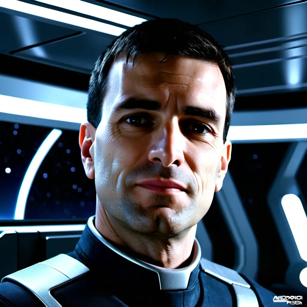 Prompt: starship captain on command bridge, spaceship in deep space, ultrarealistic, photorealistic, hyperrealistic, detailed metallic textures, futuristic android design, deep space setting, high-tech spaceship interior, intricate reflections, realistic lighting, metal textures, detailed facial features, professional, highres, ultradetailed, sci-fi, realistic, futuristic, atmospheric lighting