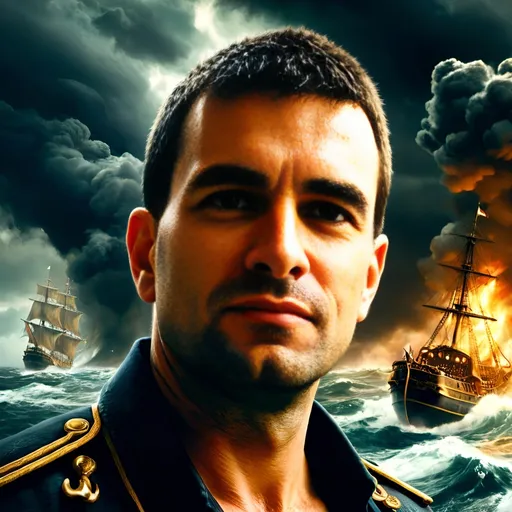 Prompt: pirate standing on a ship bridge, stormy seas, many burning ships in the background, storm, intense and dramatic, oil painting, epic detailing, realistic, stormy atmosphere, chaotic waves, high quality, dramatic lighting, historical, fierce warrior, traditional painting, turbulent ocean, warship, dynamic composition