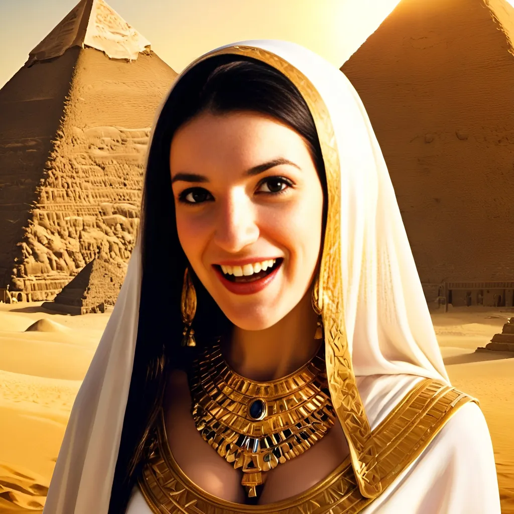 Prompt: Queen Cleopatra in ancient Egypt, joy, desert landscape, pyramids in the background, mouth open, tongue out, scream, joy, high detailed, oil painting, warm tones, golden sunlight, elegant and regal, flowing garments, alluring gaze, ornate jewelry, majestic, historical, desert setting, queenly beauty, professional, atmospheric lighting