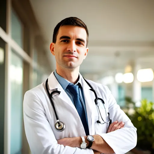 Prompt: Young and handsome doctor wearing a white doctor's coat holding a stethoscope, sunny day, clean hospital, professional attire, warm and inviting atmosphere, detailed facial features, bright and vibrant colors, realistic style, natural lighting, medical setting, high quality, detailed, professional, sunny, clean, realistic, inviting atmosphere, detailed facial features, vibrant colors