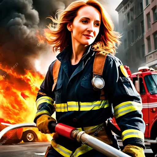 Prompt: Brave and charming firewoman battling flames, hose spraying, blazing buildings in the background, high-res, intense action, heroic, realistic, fiery tones, dramatic lighting, professional illustration, detailed facial features, dynamic composition