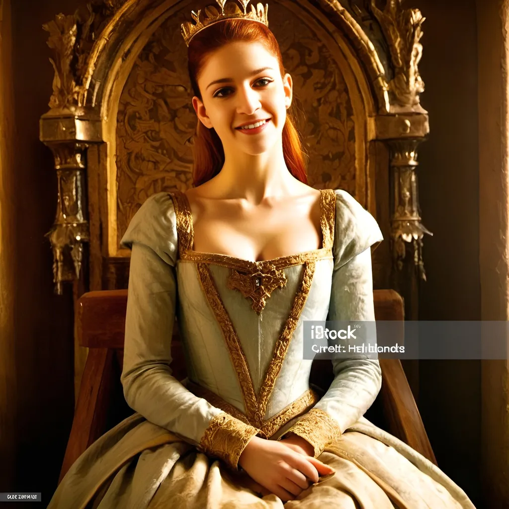 Prompt: Young and beautiful French redhead queen, majestic castle hall, golden crown with diamonds, medieval tapestries, regal smile, detailed facial features, oil painting, highres, medieval atmosphere, majestic, royal, detailed crown, warm lighting, rich color tones