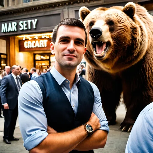 Prompt: Charming man standing next to a grizzly bear, Wall Street Market, bear is smiling and hugging the man, brokers around, detailed expressions, bustling crowd, heartwarming moment, high quality, realistic, heartwarming, vibrant colors, detailed, bustling atmosphere, professional lighting