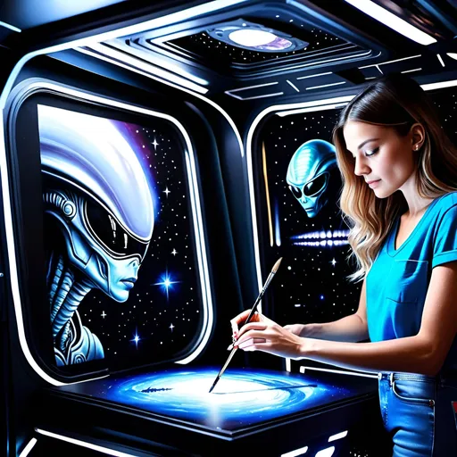 Prompt: Milica Raicevic is painting aliens on a canvas inside a spaceship in deep space, photorealistic, ultrarealistic, hyperrealistic, extremely realistic