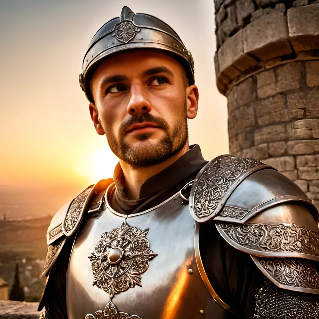 Prompt: Byzantine warrior in full armor standing on castle ramparts at sunset, wearing helmet, detailed armor with intricate engravings, shining broadsword, epic medieval atmosphere, high quality, realistic, historical, sunset lighting, warm tones, detailed facial features, majestic, castle backdrop, ancient, heroic