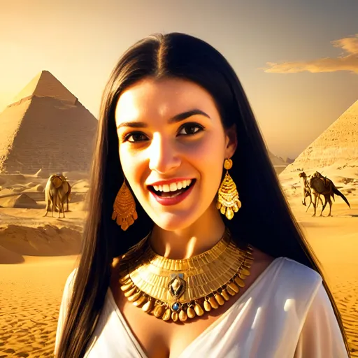 Prompt: Queen Cleopatra in ancient Egypt, joy, desert landscape, pyramids in the background, mouth open, joy, high detailed, oil painting, warm tones, golden sunlight, elegant and regal, flowing garments, alluring gaze, ornate jewelry, majestic, historical, desert setting, queenly beauty, professional, atmospheric lighting