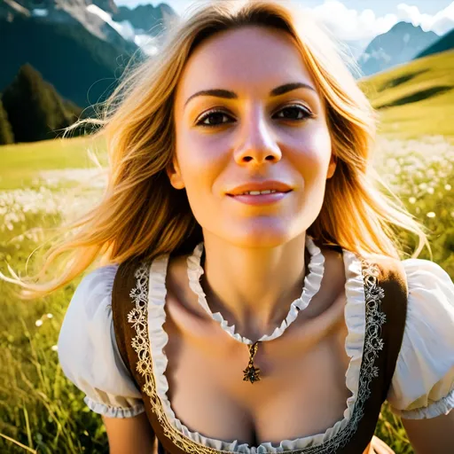 Prompt: Lovely golden-haired girl in Alps meadow wearing dirndl traditional folk dress, serene atmosphere, high-quality, detailed, realistic, traditional painting, Heidi-inspired, nature bliss, snow-covered peaks, peaceful, tranquil, alpine meadow, warm sunlight, golden hour lighting, traditional art style, idyllic, joyous, pristine nature