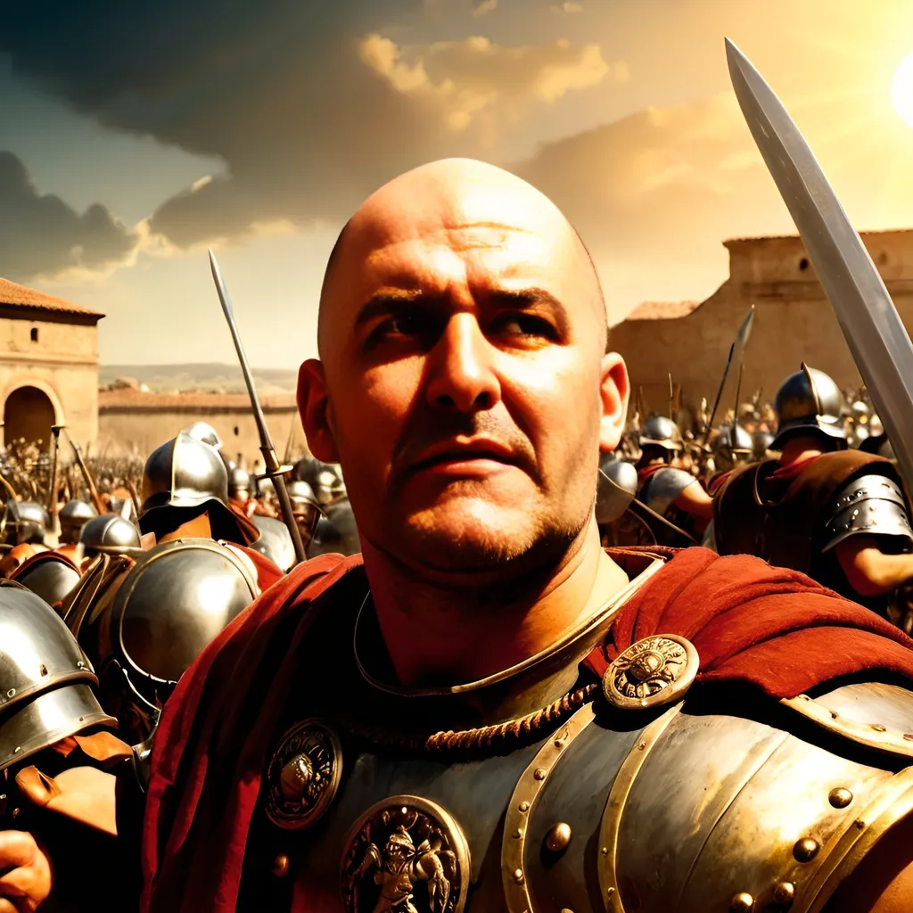 Prompt: Ancient Roman centurion battling barbarians, melee combat, hand-to-hand combat, pitched battle, Roman landscape, hot sun, detailed armor and weapons, intense expression, historical realism, high quality, oil painting, ancient warfare, detailed shields and swords, epic scene, traditional art style, warm tones, natural sunlight