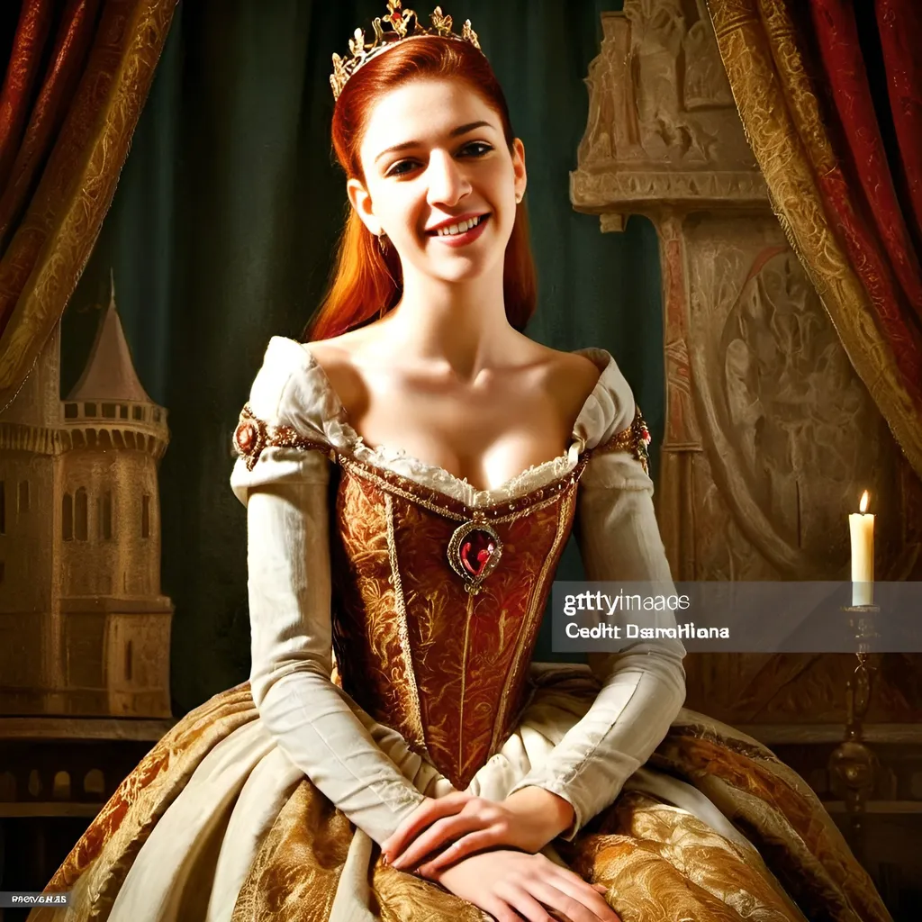 Prompt: Young and beautiful French redhead princess, majestic castle hall, golden crown with diamonds, medieval tapestries, regal smile, detailed facial features, oil painting, highres, medieval atmosphere, majestic, royal, detailed crown, warm lighting, rich color tones
