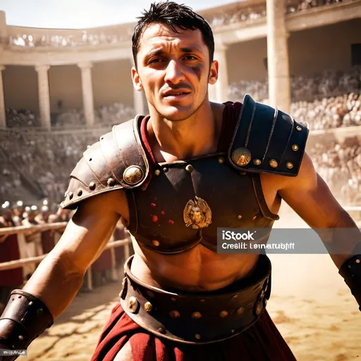 Prompt: Gladiator fighting in the arena, blood splatter, sand, cheering crowd, Roman Caesar, epic battle, dramatic lighting, detailed armor, high quality, realistic style, intense expressions, dynamic composition, action-packed, historical, ancient Rome, intense atmosphere, traditional materials, dynamic poses, realistic textures