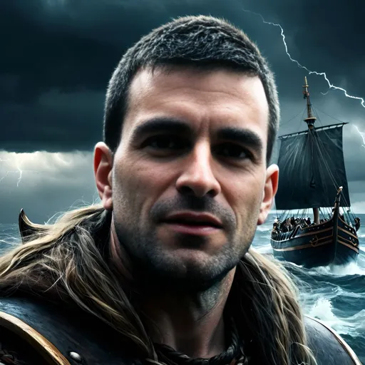 Prompt: Viking chieftain standing at the ship, stormy seas, lightnings, Viking ships in the background, oil painting, rugged and intense facial features, 4k, ultra-detailed, realistic, dramatic, stormy seas, dark and moody color tones, lightning illuminating the scene, realistic oil painting, powerful stance, detailed Viking ships, turbulent waters, professional lighting