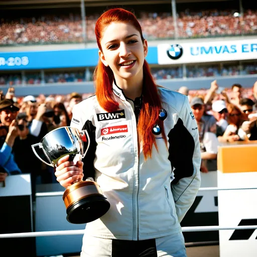 Prompt: Young redhead woman with long red hair BMW racing driver celebrating on winner's podium, holding trophy,  race track, cheering crowds, BMW cars in difting in the background, sunny day, high-res, realistic, vibrant colors, dynamic, professional, detailed facial expression, intense emotions, motorsport, outdoor, victorious, energetic, realistic lighting