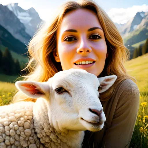 Prompt: Lovely golden-haired girl in Alps meadow, serene atmosphere, high-quality, detailed, realistic, traditional painting, Heidi-inspired, nature bliss, snow-covered peaks, peaceful, tranquil, alpine meadow, joyful lamb, warm sunlight, golden hour lighting, traditional art style, idyllic, joyous, pristine nature