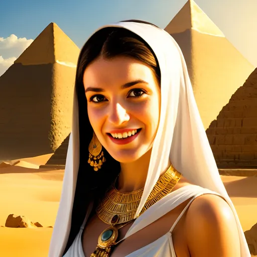 Prompt: Queen Cleopatra in ancient Egypt, joy, desert landscape, pyramids in the background, high detailed, oil painting, warm tones, golden sunlight, elegant and regal, flowing garments, alluring gaze, ornate jewelry, majestic, historical, desert setting, queenly beauty, professional, atmospheric lighting