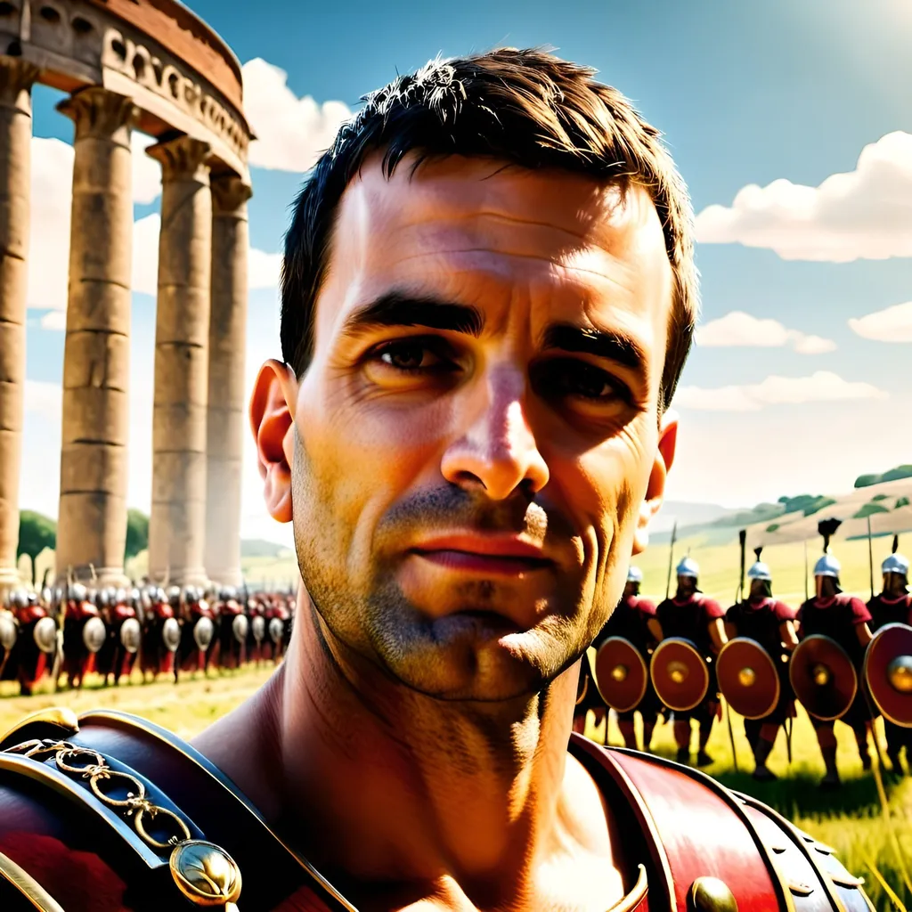 Prompt: Roman centurion leading a legion, marching through countryside, Roman legionaries in formation, towering column of soldiers, sunlit road leading to Rome, expansive landscape with countryside, sunny day, high quality, realistic, historical, sunny lighting, detailed armor and shields, ancient Roman, grandeur, epic