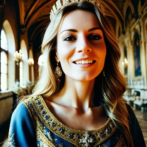 Prompt: beautiful French queen wearing golden crown with diamonds is smiling and standing in the castle hall, tapestries on the wall, medieval atmosphere, majestic