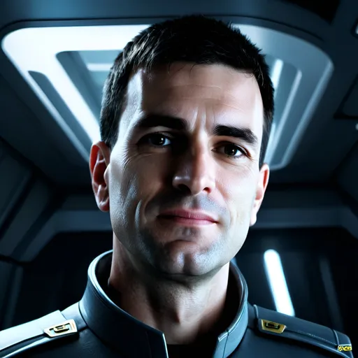 Prompt: starship captain on command bridge, spaceship in deep space, ultrarealistic, photorealistic, hyperrealistic, detailed metallic textures, futuristic android design, deep space setting, high-tech spaceship interior, intricate reflections, realistic lighting, metal textures, detailed facial features, professional, highres, ultradetailed, sci-fi, realistic, futuristic, atmospheric lighting