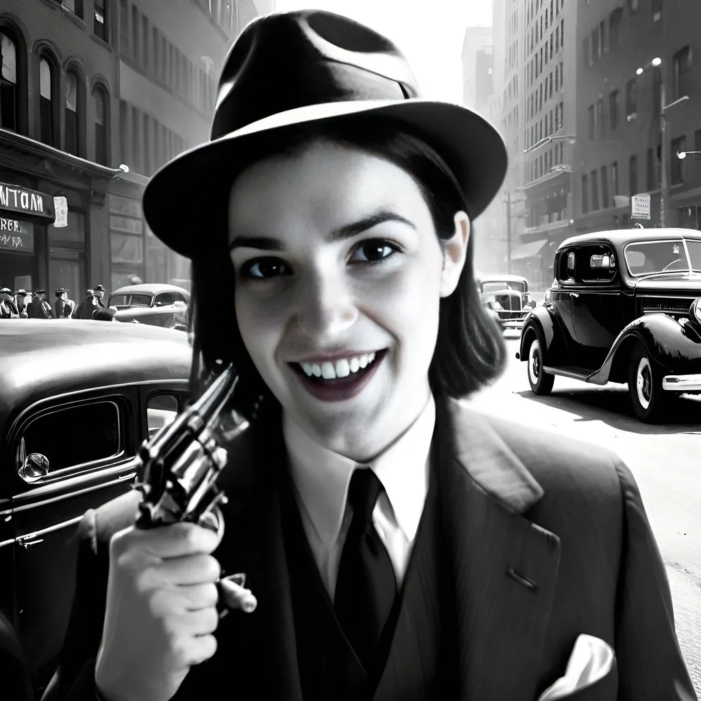 Prompt: Mob boss with fedora hat, prohibition era, New York, Chicago, gang, Tommy gun, 30s cars in the background, photorealistic, ultrarealistic, hyperrealistic, extremely realistic, vintage noir style, high quality, detailed facial features, realistic oil painting, fedora hat, prohibition era, vintage cars, gangster, Tommy gun, New York, Chicago, noir, atmospheric lighting