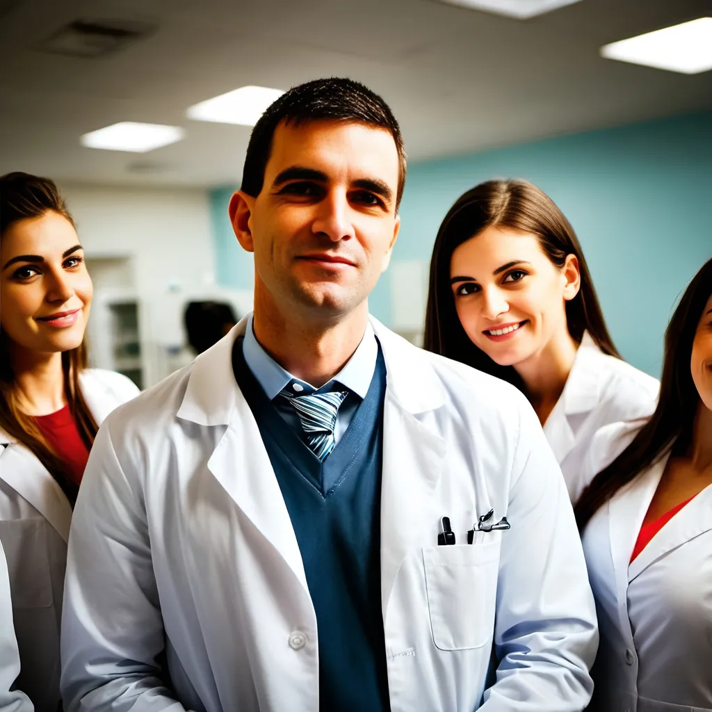 Prompt: Charming man surrounded by many adoring young women, science lab setting, professional photography, bright and clean, lab coats,