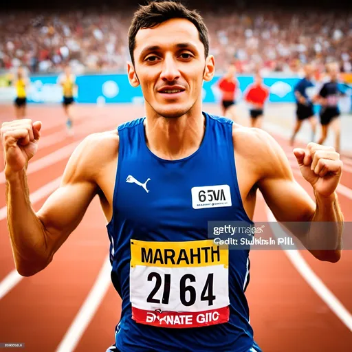 Prompt: Marathon runner crossing the finish line, vibrant stadium atmosphere, ecstatic crowd cheering, track and field setting, high energy, dynamic composition, professional sports photography, vibrant colors, clear and sharp details, high quality, energetic atmosphere, stadium lights casting a warm glow, professional sports photography, dynamic composition