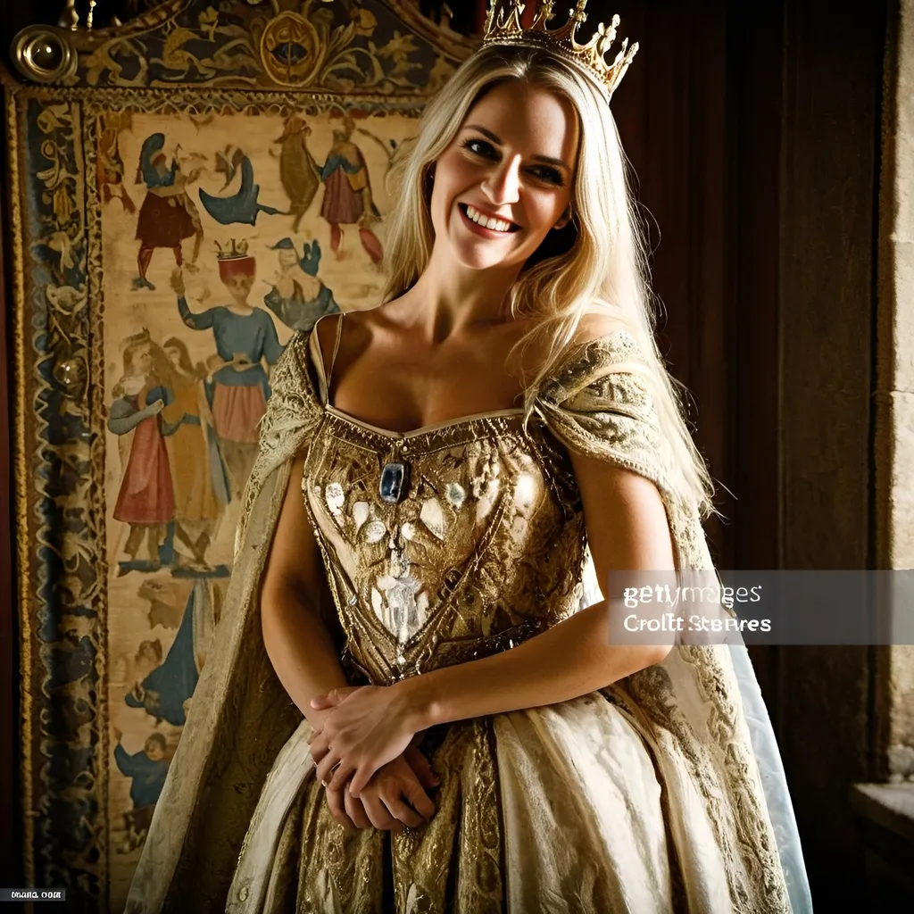 Prompt: beautiful French queen wearing golden crown with diamonds is smiling and standing in the castle hall, tapestries on the wall, medieval atmosphere, majestic