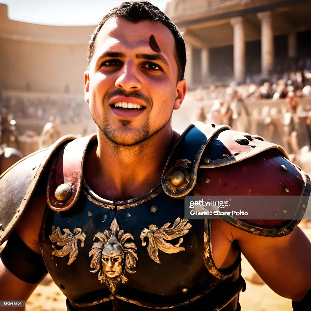 Prompt: Gladiator fighting in the arena, blood splatter, sand, cheering crowd, Roman Caesar, epic battle, dramatic lighting, detailed armor, high quality, realistic style, intense expressions, dynamic composition, action-packed, historical, ancient Rome, intense atmosphere, traditional materials, dynamic poses, realistic textures