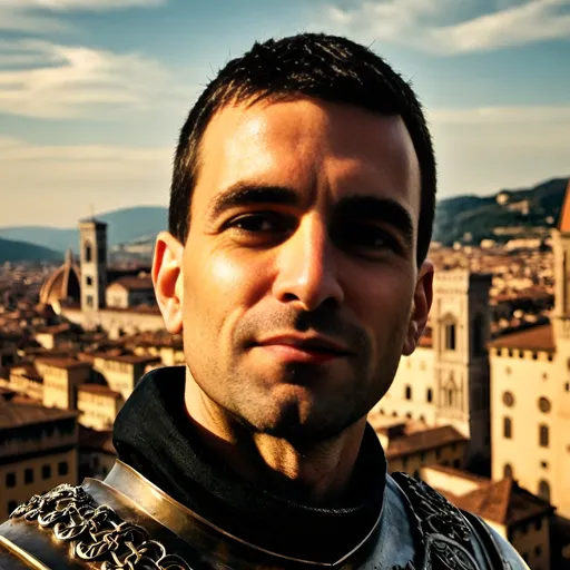 Prompt: Renaissance knight in full armour in front of medieval Florence skyline, 16th century clothing, bustling streets, historical atmosphere, people walking, detailed architecture, highres, detailed, Renaissance, majestic architecture, warm tones, atmospheric lighting