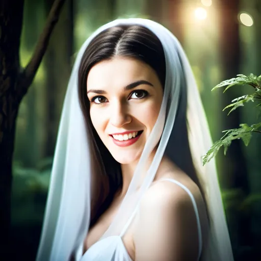 Prompt: Beautiful enchantress in a mystical forest, flowing white gown, ethereal fairy, refined and subtle, captivating and alluring gaze, high-quality, fantasy, magical, soft and enchanting lighting, elegant and delicate, fairy-tale, detailed fabric, graceful movement, atmospheric, mystical, enchanting, fantasy forest, magical aura