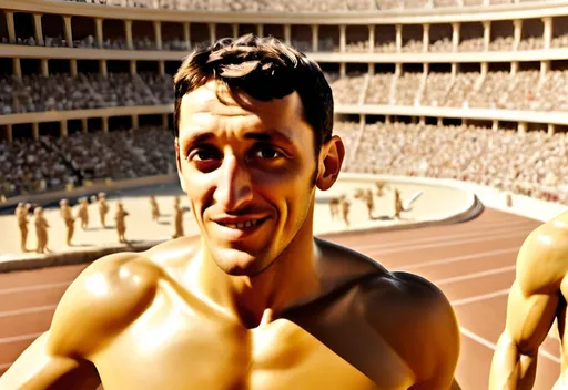 Prompt: Ancient Greek Olympic runners with gold medals, crowded stadium, ancient olympiad, large arena, detailed athletic bodies, marble statue backdrop, gold-tinged sunlight, high quality, realistic, ancient Greek, historic, detailed crowd, athletic competition, golden hue, epic atmosphere