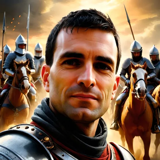 Prompt: Knight in full armor leading a cavalry charge, medieval, detailed armor, majestic, epic battle scene, high quality, oil painting, warm tones, dramatic lighting, detailed horse armor, heroic, medieval warfare, powerful stance, historical, dynamic composition, vibrant colors, medieval, grandeur