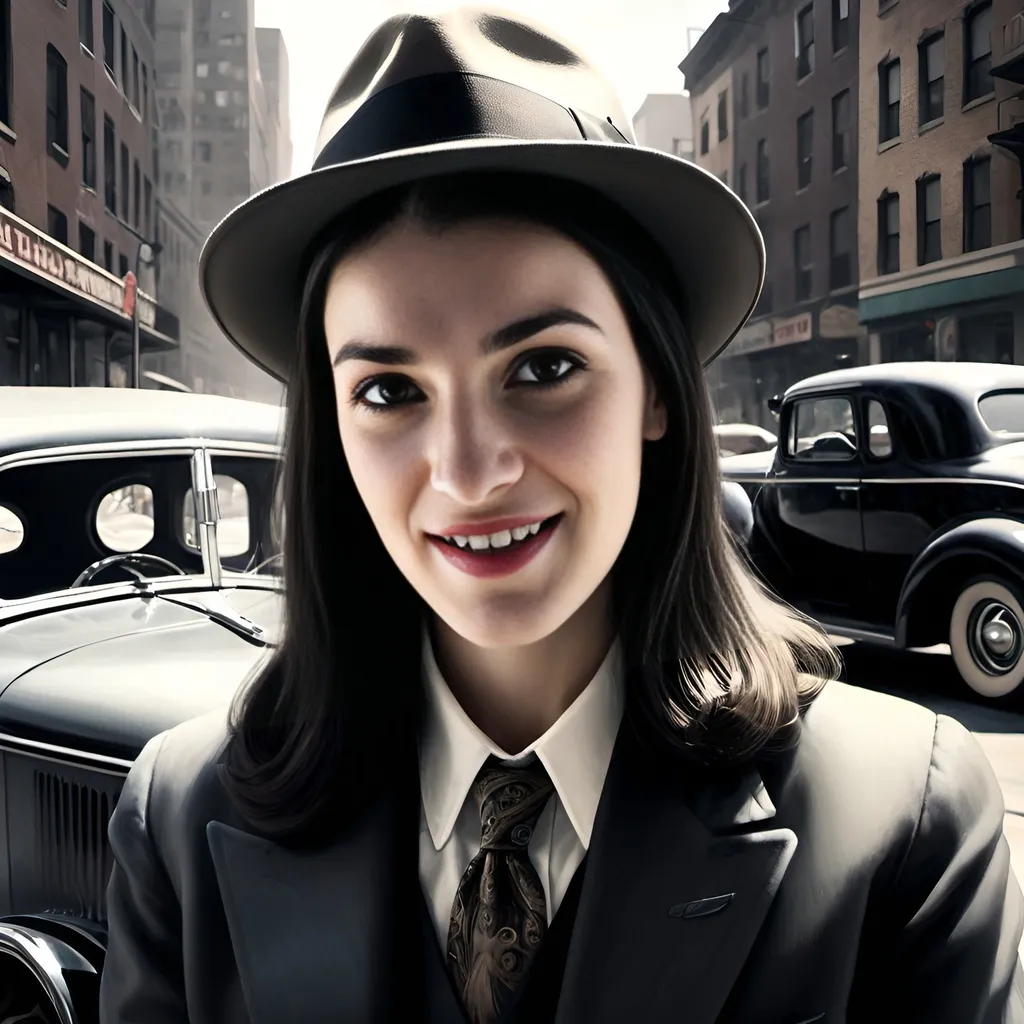 Prompt: Mob boss with fedora hat, prohibition era, New York, Chicago, gang, Tommy gun, 30s cars in the background, photorealistic, ultrarealistic, hyperrealistic, extremely realistic, vintage noir style, high quality, detailed facial features, realistic oil painting, fedora hat, prohibition era, vintage cars, gangster, Tommy gun, New York, Chicago, noir, atmospheric lighting