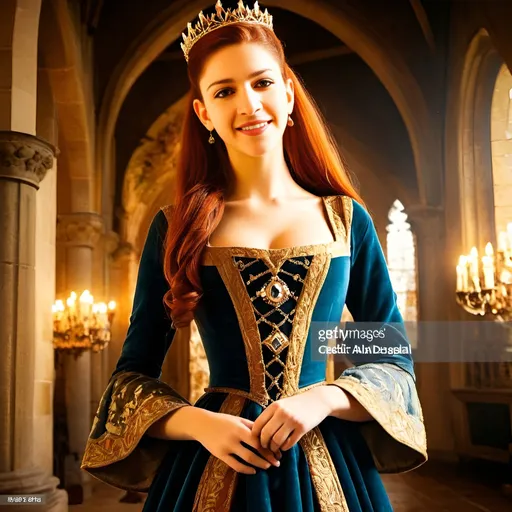 Prompt: Young and beautiful French redhead queen, long red hair, majestic castle hall, golden crown with diamonds, medieval tapestries, regal smile, detailed facial features, oil painting, highres, medieval atmosphere, majestic, royal, detailed crown, warm lighting, rich color tones