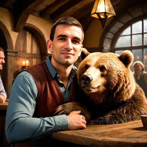 Prompt: Charming man sitting next to a smiling grizzly bear who is hugging the man in a medieval tavern, tavern, bear is smiling and hugging the man, brokers around, detailed expressions, bustling crowd, heartwarming moment, high quality, realistic, heartwarming, vibrant colors, detailed, bustling atmosphere, professional lighting