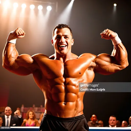 Prompt: Strong bodybuilder at Mister Universe competition, muscular physique, podium, large cheering crowd, stage lights, championship moment, professional bodybuilding, intense atmosphere, high energy, detailed muscles, realistic rendering, vibrant colors, dynamic lighting, high quality, intense competition, professional bodybuilding, energetic atmosphere