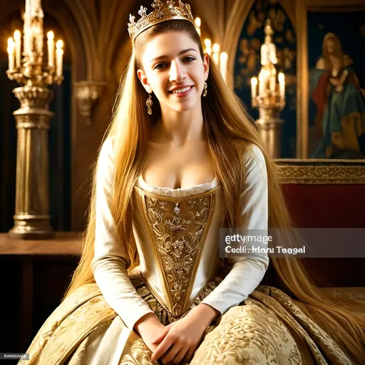 Prompt: Young and beautiful French golden hair princess, long golden hair, majestic castle hall, golden crown with diamonds, medieval tapestries, regal smile, detailed facial features, oil painting, highres, medieval atmosphere, majestic, royal, detailed crown, warm lighting, rich color tones