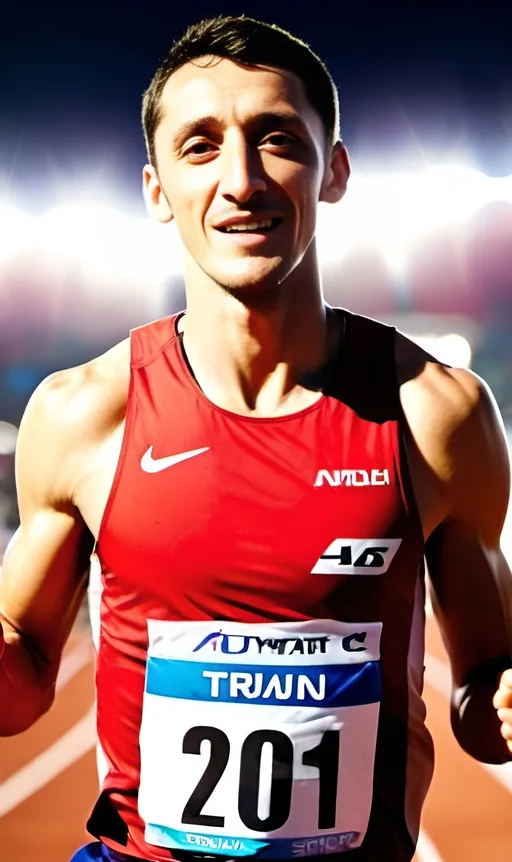 Prompt: Marathon runner crossing the finish line, vibrant stadium atmosphere, ecstatic crowd cheering, track and field setting, high energy, dynamic composition, professional sports photography, vibrant colors, clear and sharp details, high quality, energetic atmosphere, stadium lights casting a warm glow, professional sports photography, dynamic composition