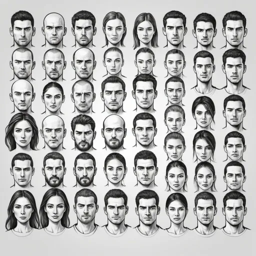 Prompt: create 20 men and women faces, simple, sporty, but realistic, large, people drawing in thick black outline, black lines only leaving space in white, make sure not to use existing works.