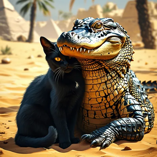 Prompt: A art of a nile crocodile cuddling a black cat, they have golden marks around their bodies. They are both in an egypt like desert.