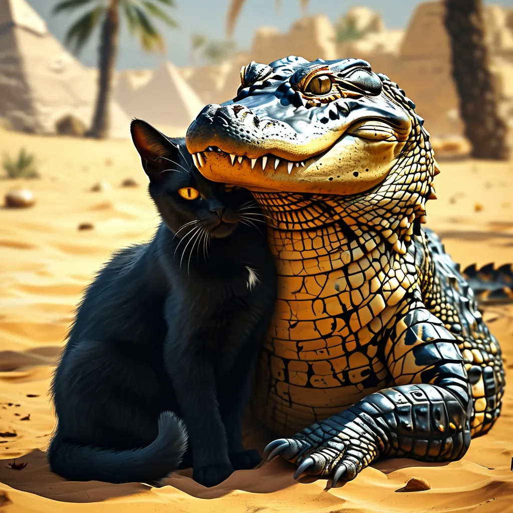 Prompt: A art of a nile crocodile cuddling a black cat, they have golden marks around their bodies. They are both in an egypt like desert.