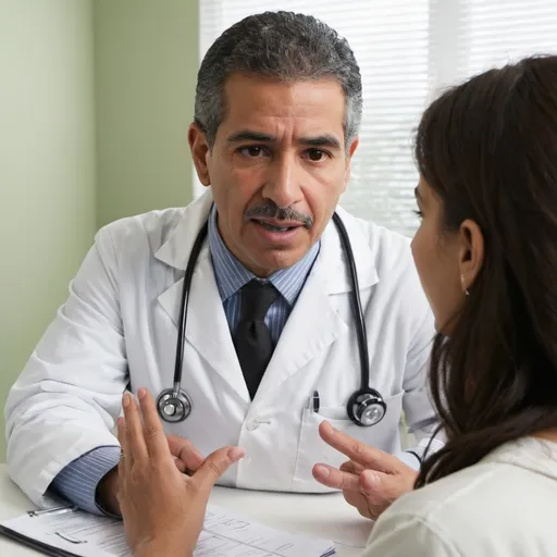 Prompt: Hispanic doctor speaking to patient