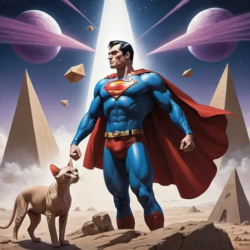 Prompt: Superman se battant contre le roi des Chats Sphynx sur une planète extraterrestre avec des pyramides en arrière-plan. Superman porte son costume bleu et rouge avec la cape flottante, et le roi des Chats Sphynx est majestueux, avec une couronne dorée. Le ciel est violet, parsemé d'étoiles, et il y a des éclairs d'énergie autour des personnages