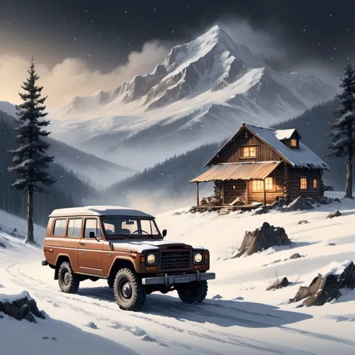 Prompt: make a sketch of an old landcruser which was parked at the top of snowy mountain and snow is falling there is also a wood house is behind the car at it is the time of evening and a person sitting in the landcruser and smoke cigrete
