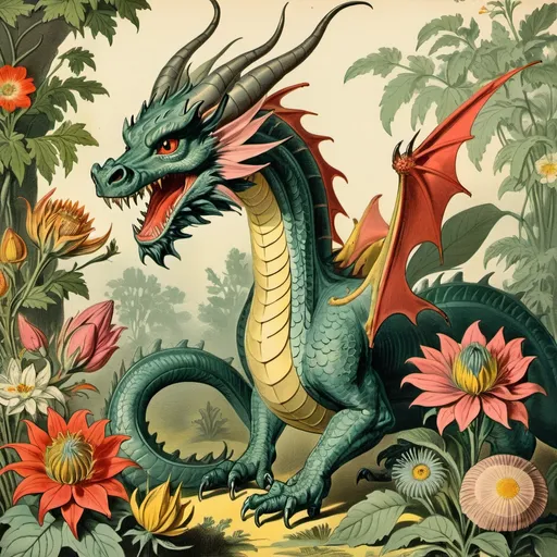 Prompt: Vintage botanical and zoological illustration from fantasy world; dragon and magic flowers