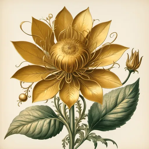 Prompt: Vintage botanical illustration from fantasy world; magic golden flower