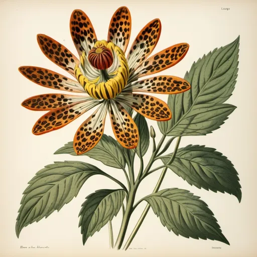 Prompt: Vintage botanical illustration; leopard flower