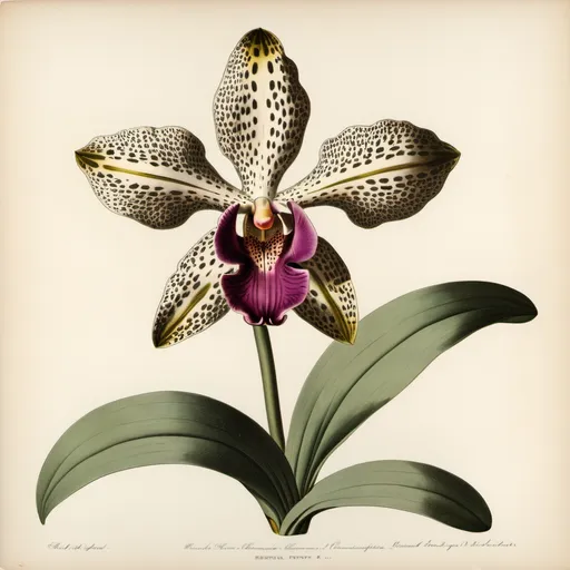 Prompt: Vintage botanical illustration; leopard flower (orchid)