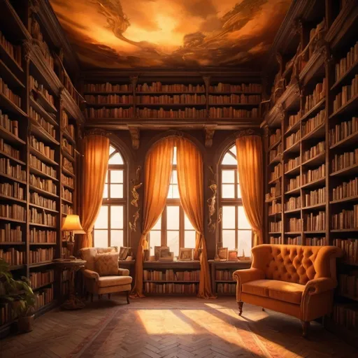 Prompt: (Surrealism Library), whimsical bookshelves, floating books, elongated shadows, vibrant book spines, glowing warm hues, golden tones, amber lighting, ethereal atmosphere, dreamlike surroundings, whimsical architecture, animated feel, fantastical details, enchanted reading nooks, imaginative world, playful and enchanting mood, humid and rich ambiance, flowing curtains, ultra-detailed, artistic masterpiece, 4K quality.
